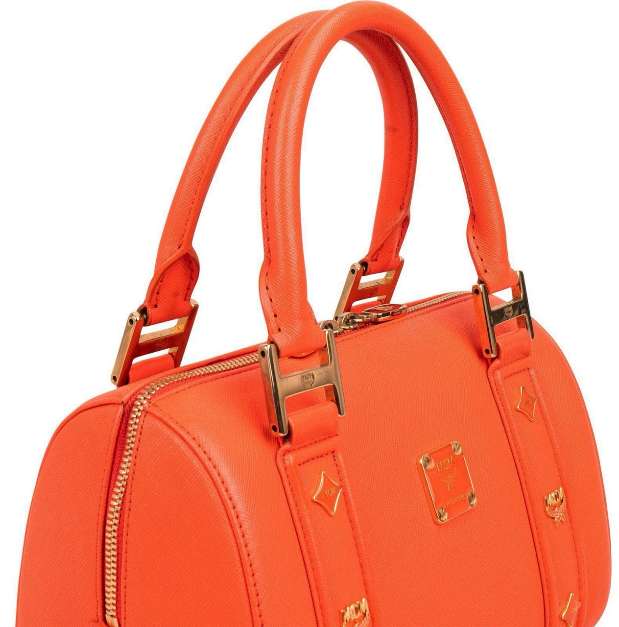 MCM Orange Grained Leather Essential Studded Small Boston Handbag Oranje