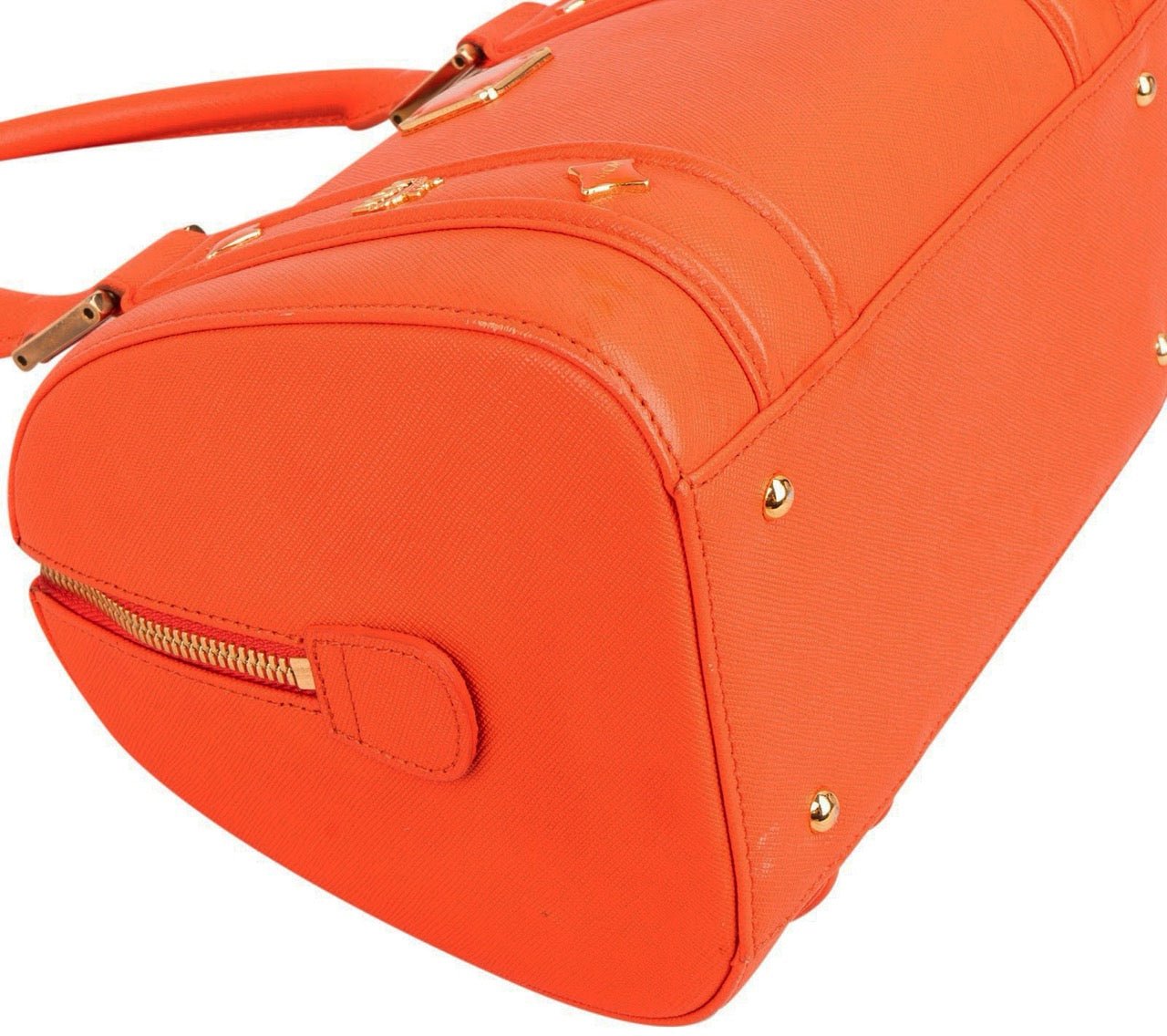 MCM Orange Grained Leather Essential Studded Small Boston Handbag Oranje