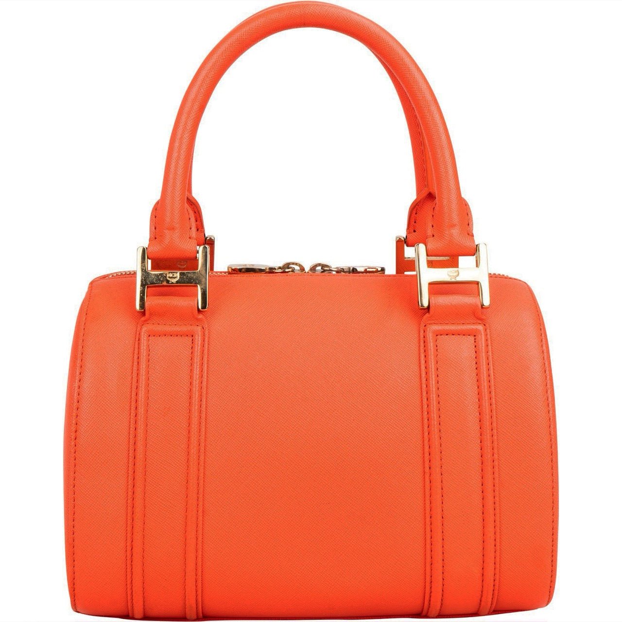 MCM Orange Grained Leather Essential Studded Small Boston Handbag Oranje