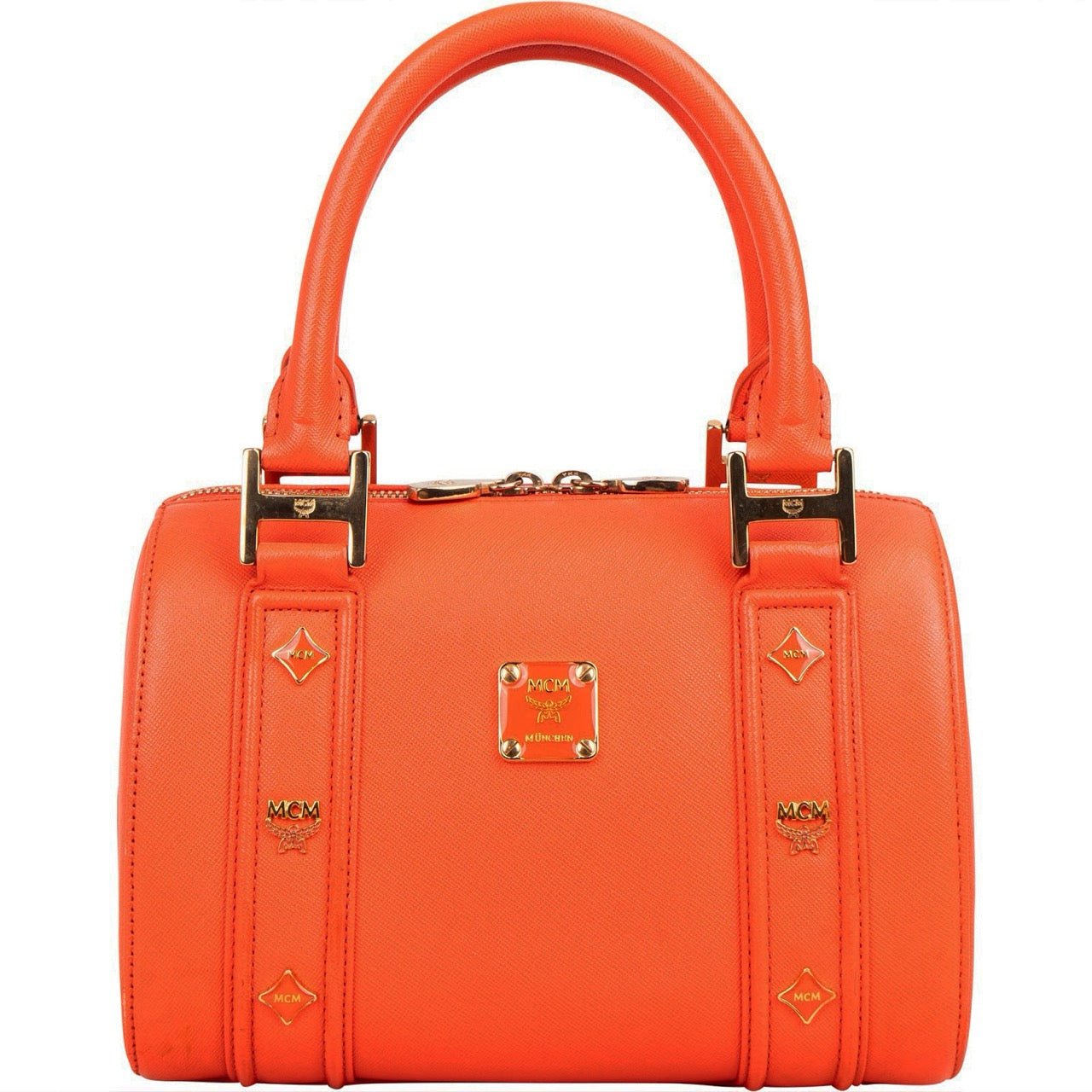 MCM Orange Grained Leather Essential Studded Small Boston Handbag Oranje
