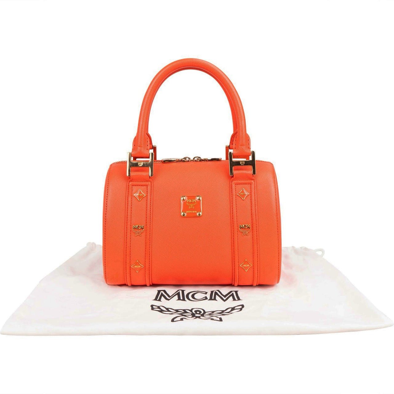 MCM Orange Grained Leather Essential Studded Small Boston Handbag Oranje