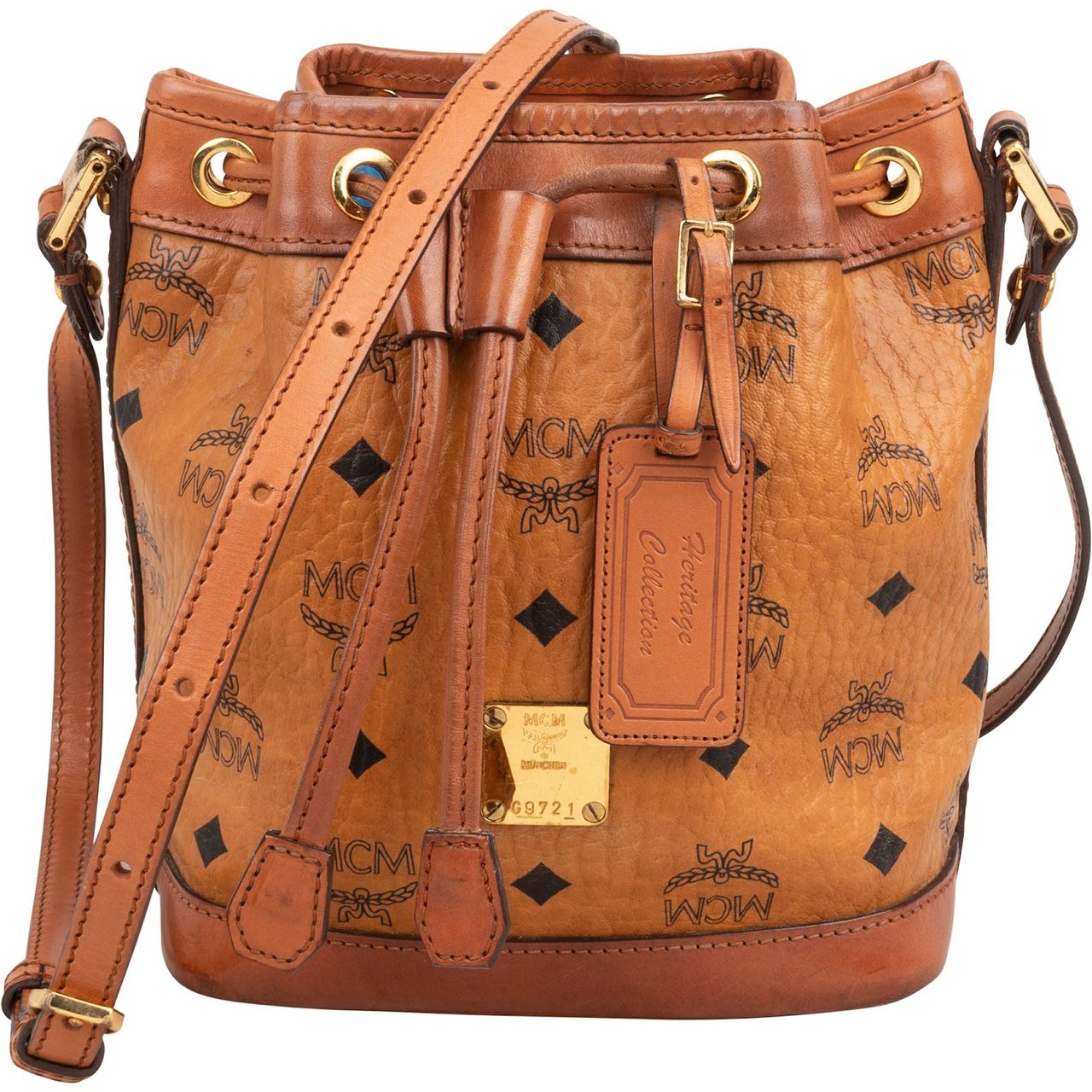 MCM Monogram Visetos Heritage Drawstring Bucket Crossbody Bag Bruin