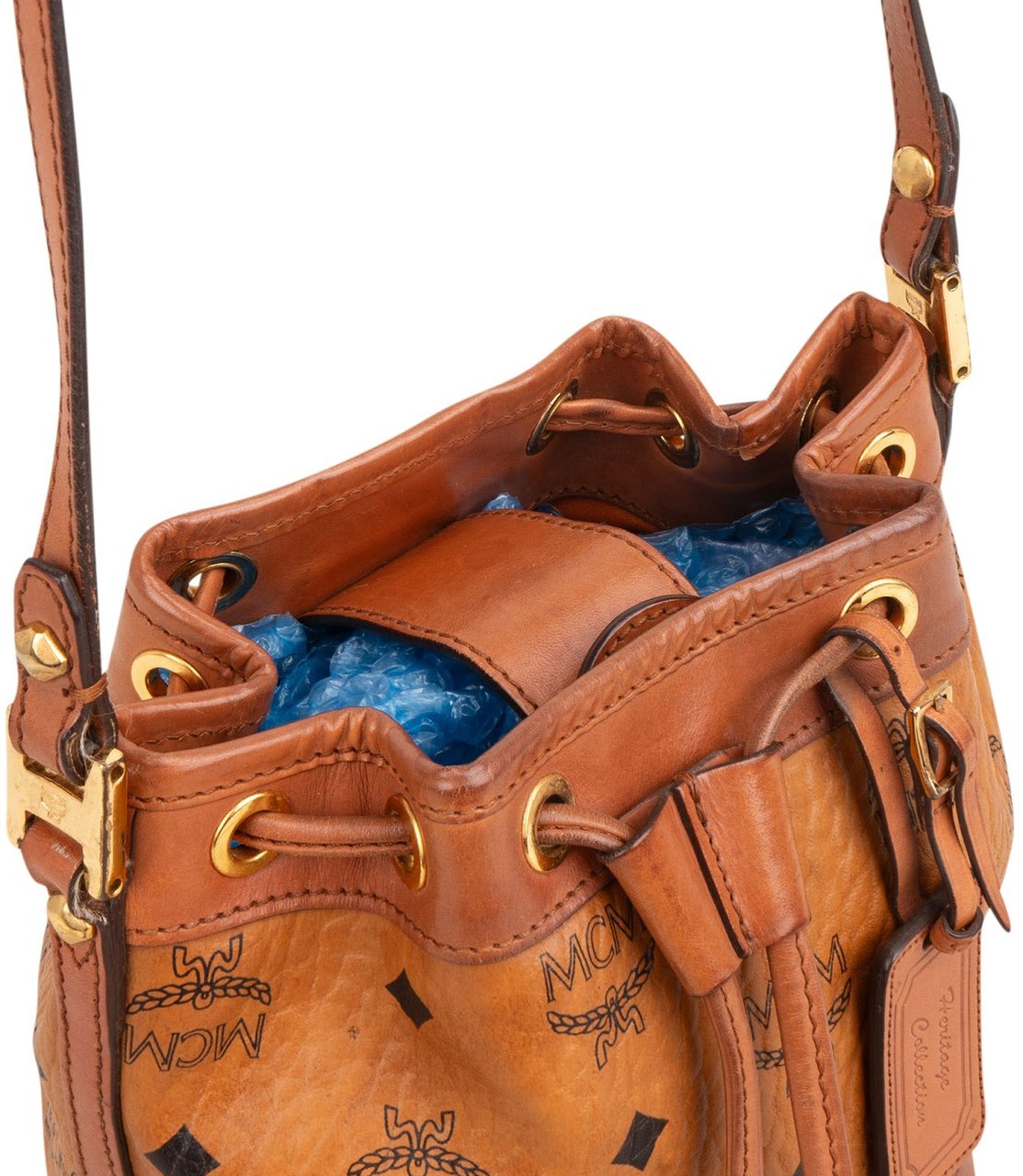 MCM Monogram Visetos Heritage Drawstring Bucket Crossbody Bag Bruin