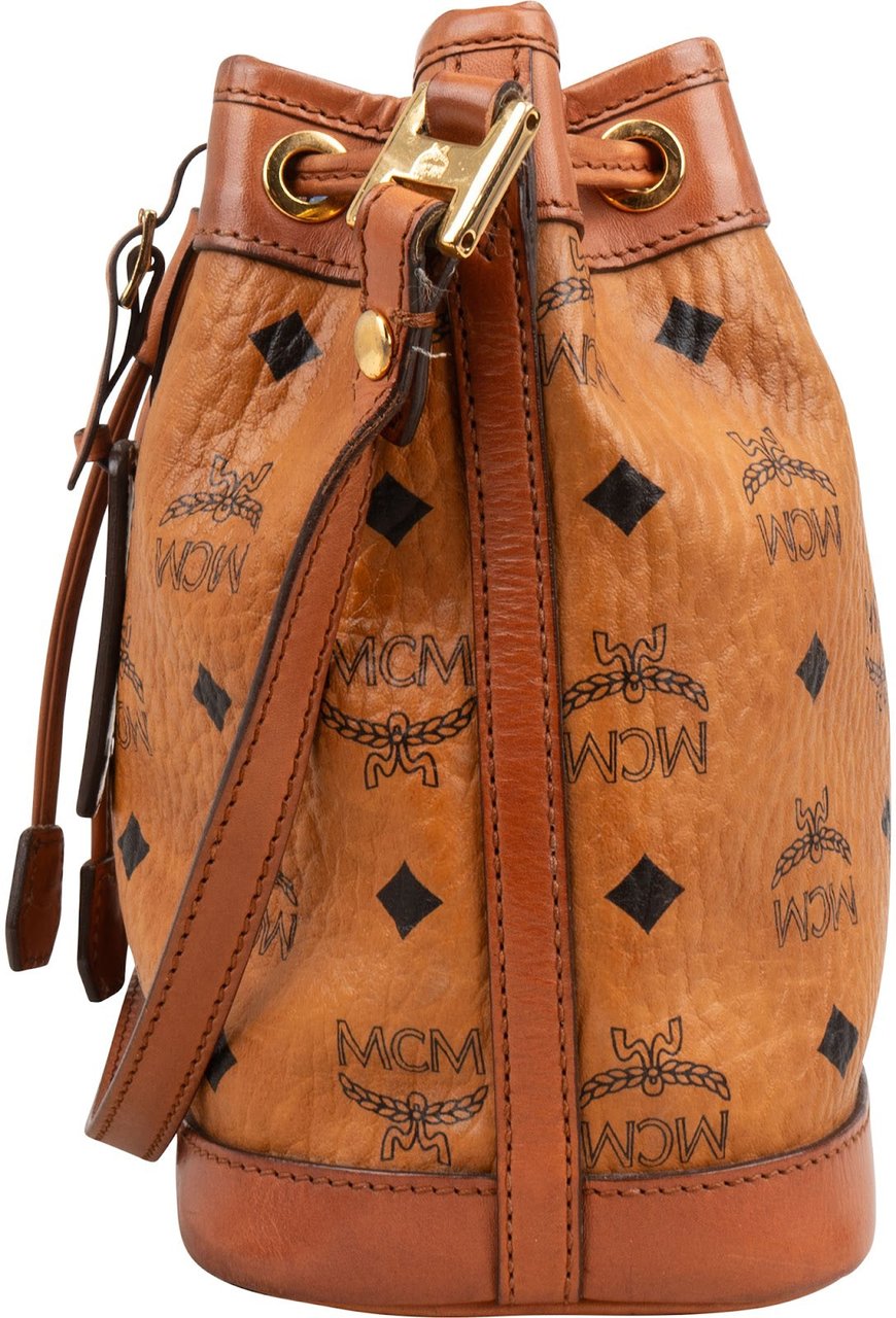 MCM Monogram Visetos Heritage Drawstring Bucket Crossbody Bag Bruin