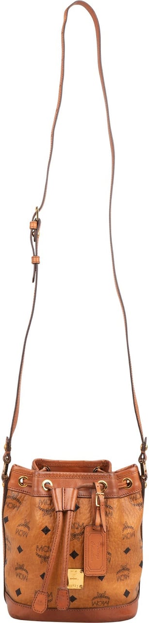MCM Monogram Visetos Heritage Drawstring Bucket Crossbody Bag Bruin