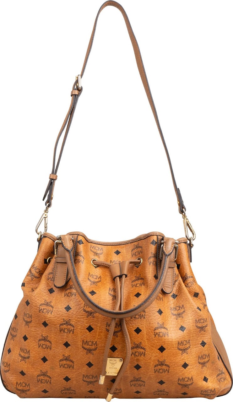 MCM Monogram Visetos Essential Drawstring Tote Handbag Bruin