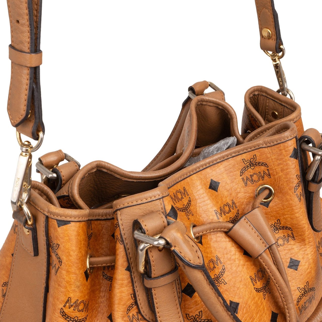 MCM Monogram Visetos Essential Drawstring Tote Handbag Bruin
