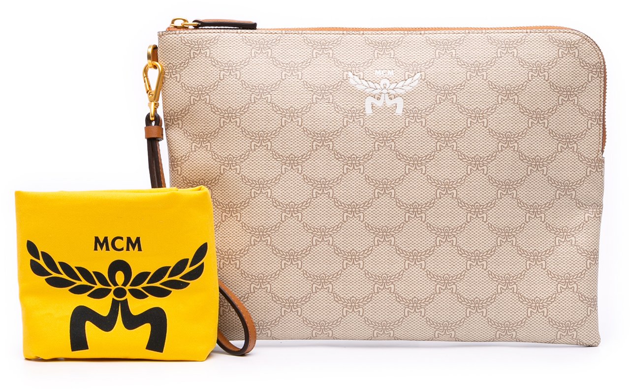 MCM Medium Lauretos Coated Canvas Himmel Wristlet Zip Pouch Bruin