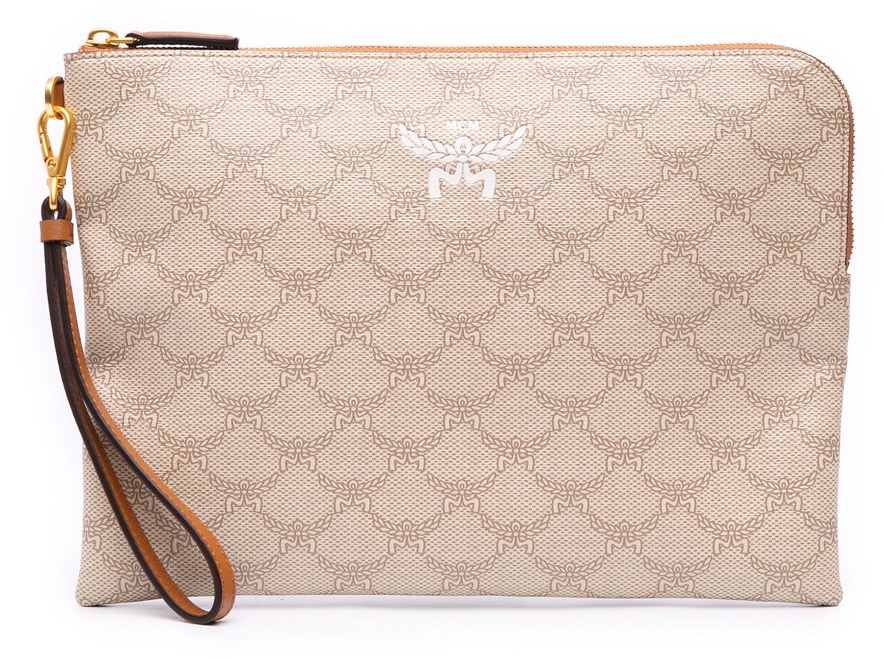 MCM Medium Lauretos Coated Canvas Himmel Wristlet Zip Pouch Bruin