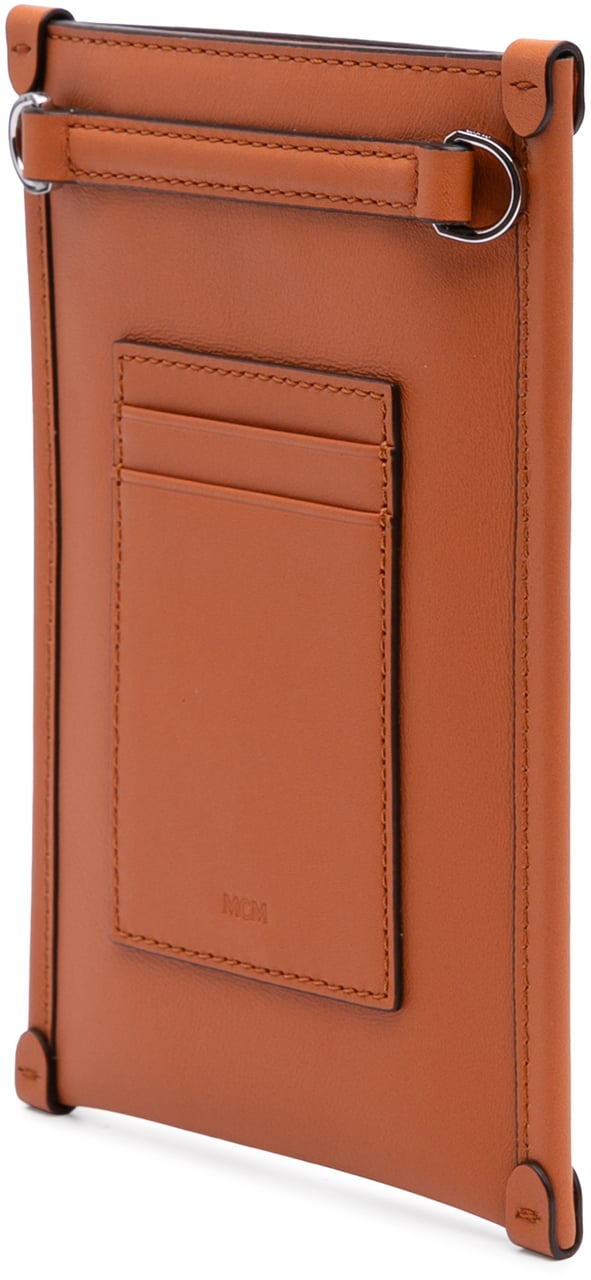 MCM Spanish Calfskin Embossed Logo Aren Lanyard Phone Case Bruin