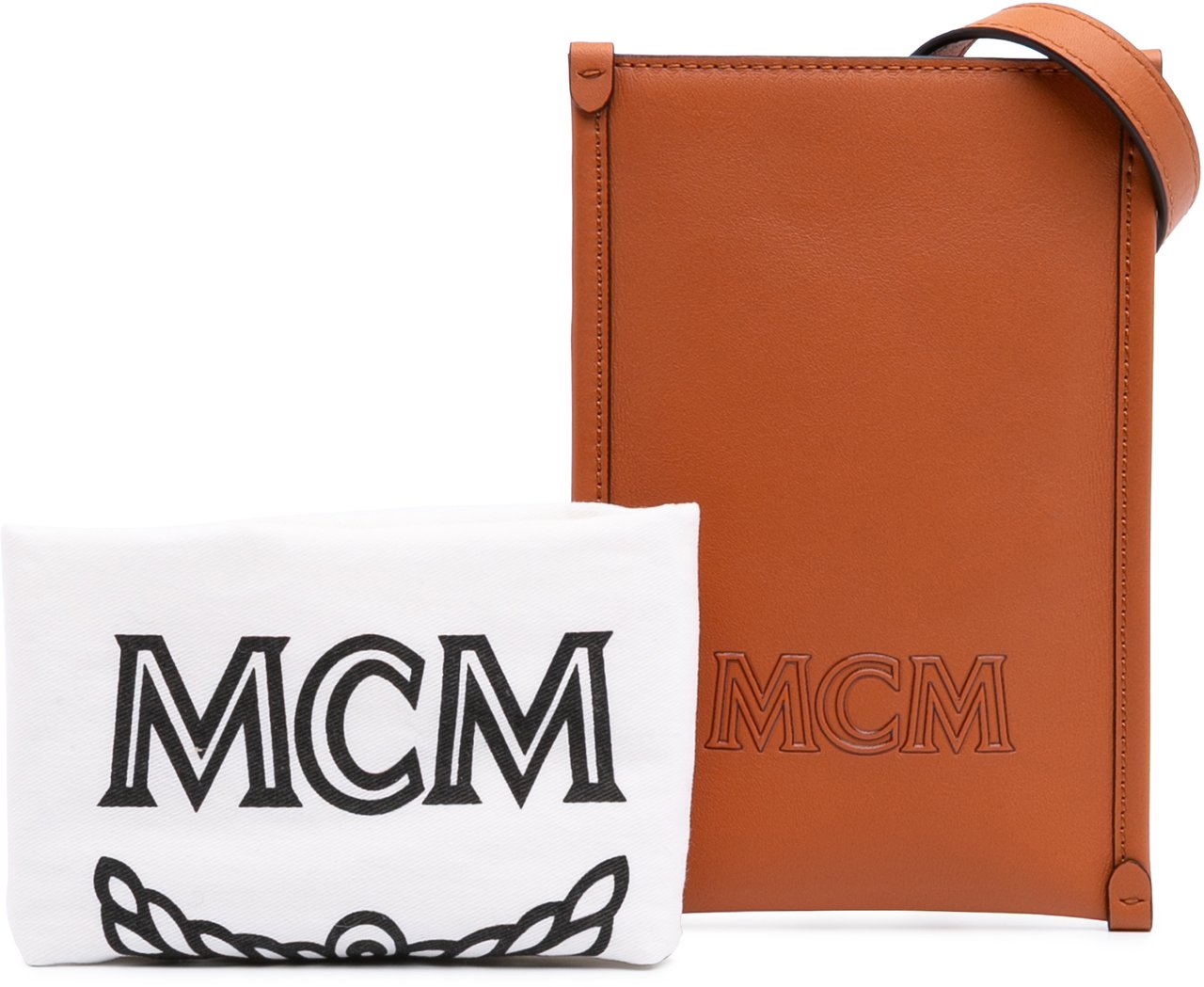 MCM Spanish Calfskin Embossed Logo Aren Lanyard Phone Case Bruin
