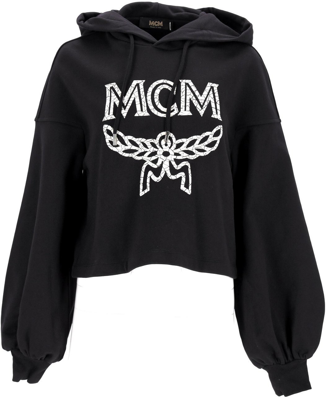 MCM Cropped Black Oversized Hoodie With Iconic Logo Print Zwart
