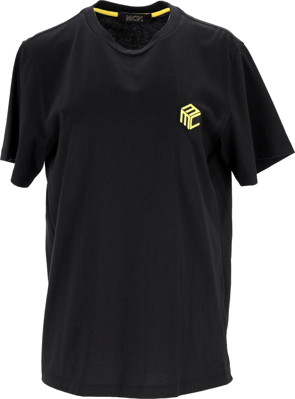 MCM Black Cotton T-Shirt With Iconic Logo Zwart