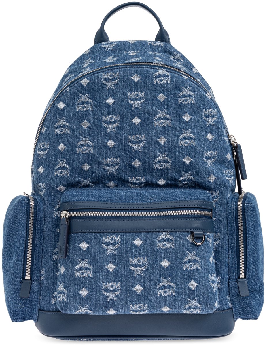 MCM Stark Denim Monogram Logo Backpack Blauw