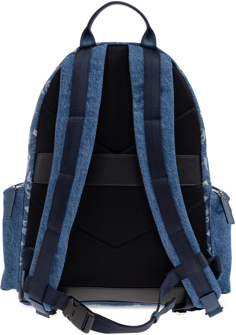 MCM Stark Denim Monogram Logo Backpack Blauw