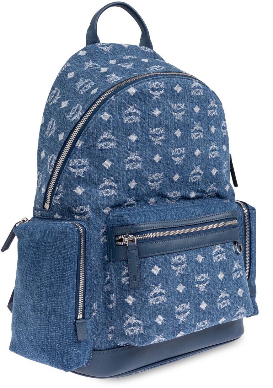 MCM Stark Denim Monogram Logo Backpack Blauw