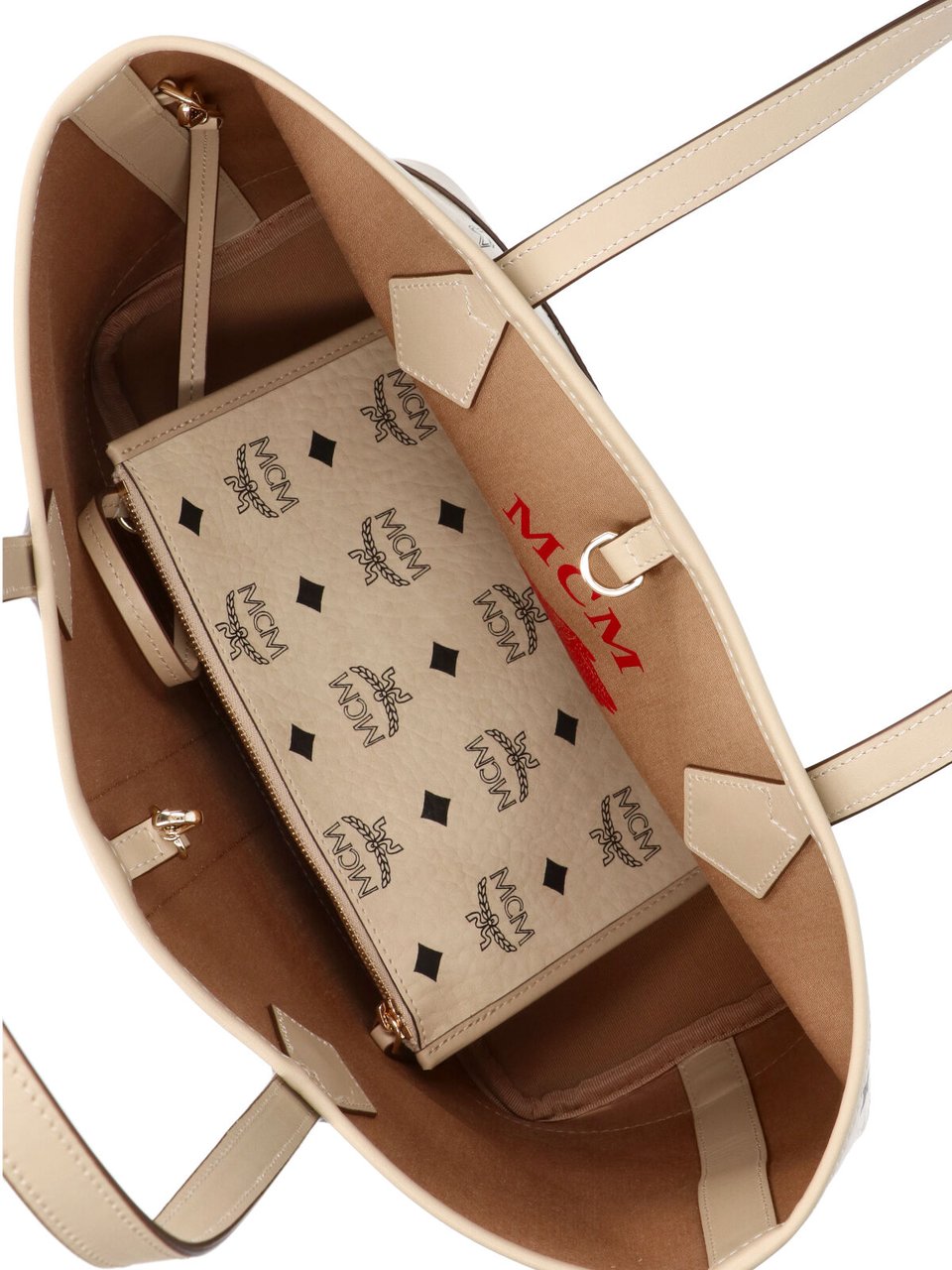 MCM Structured Logo Print Tote Bag with Matching Pouch Neutraal