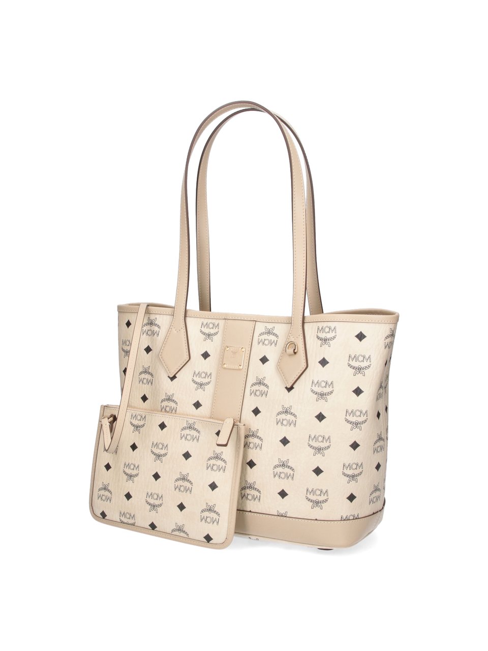 MCM Structured Logo Print Tote Bag with Matching Pouch Neutraal