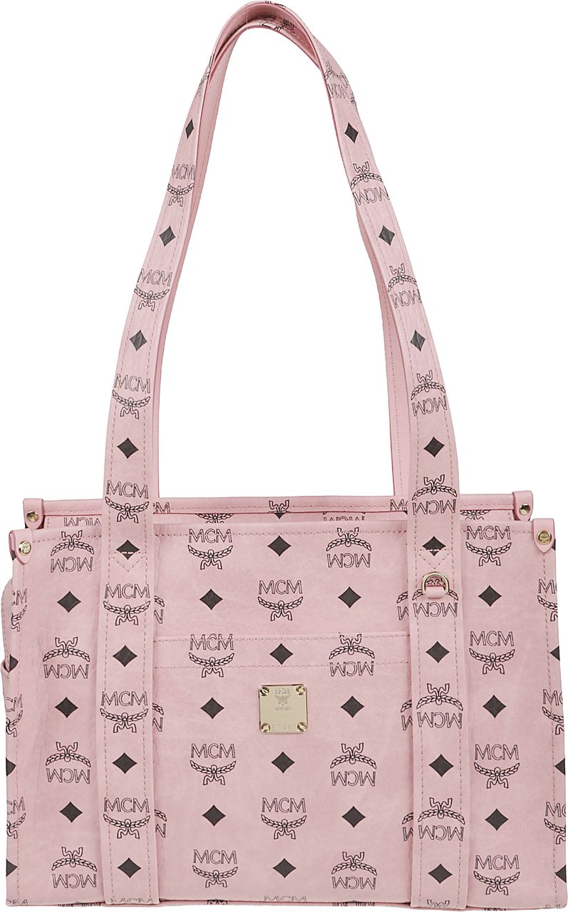 MCM Rectangular Tote Bag with Logo Print and Gold-tone Plaque Roze