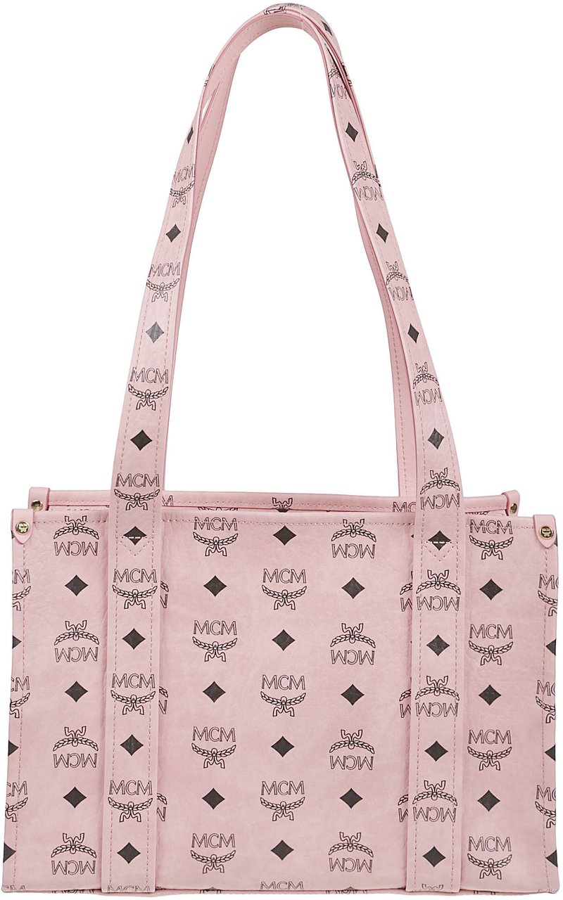 MCM Rectangular Tote Bag with Logo Print and Gold-tone Plaque Roze