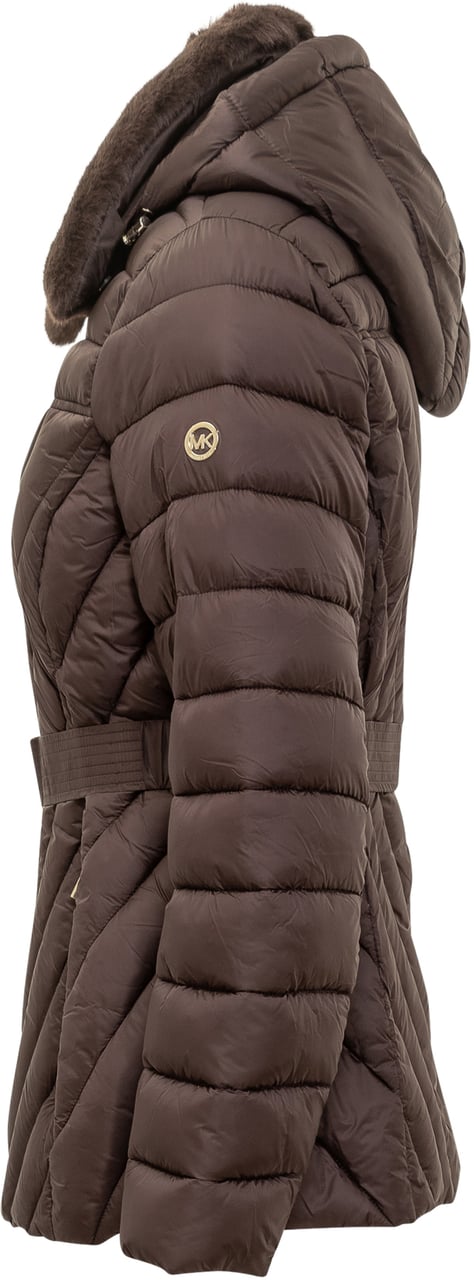 Michael Kors Michael Kors Piumino Marrone con Cintura e Collo in Pelliccia Bruin