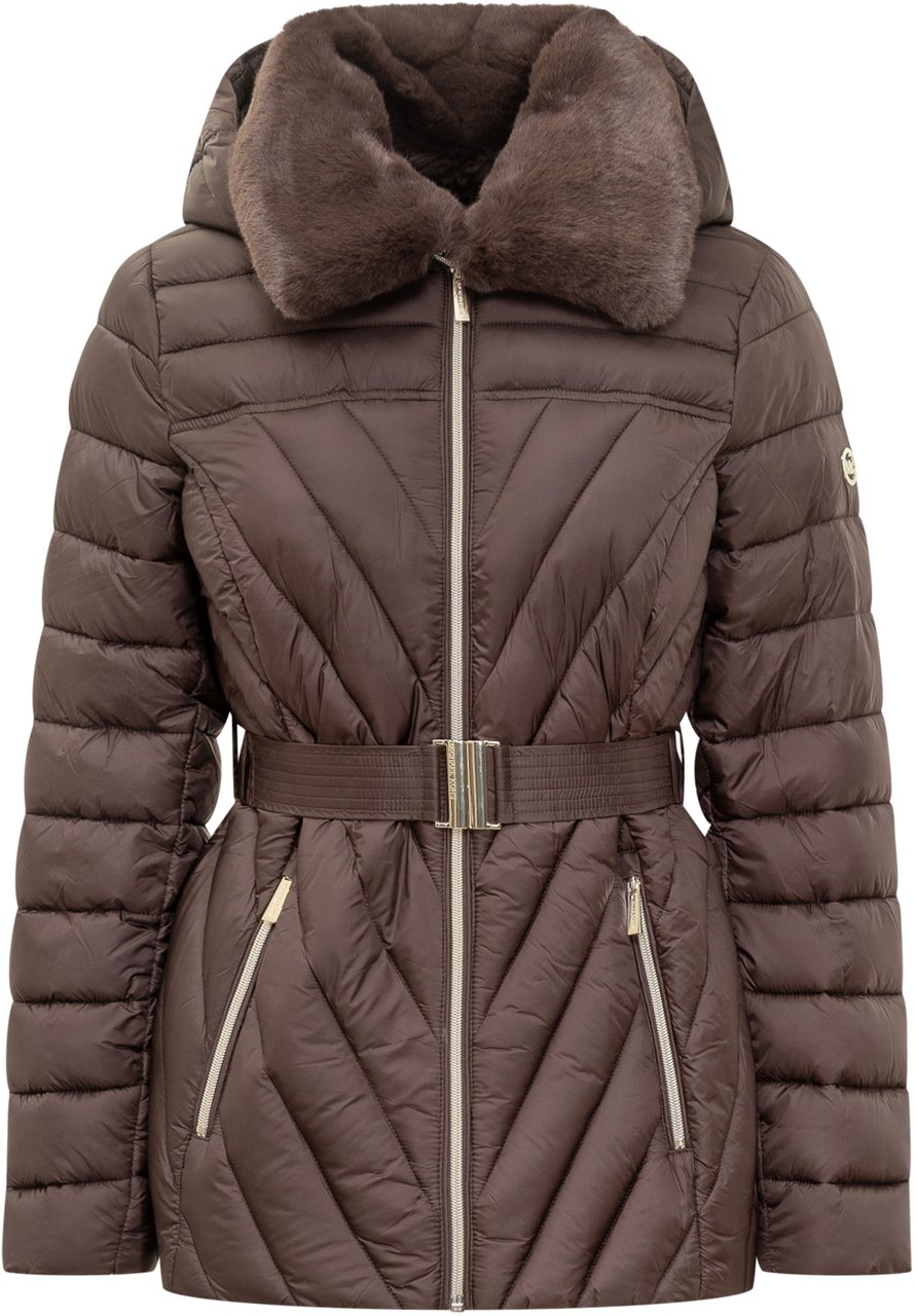 Michael Kors Michael Kors Piumino Marrone con Cintura e Collo in Pelliccia Bruin