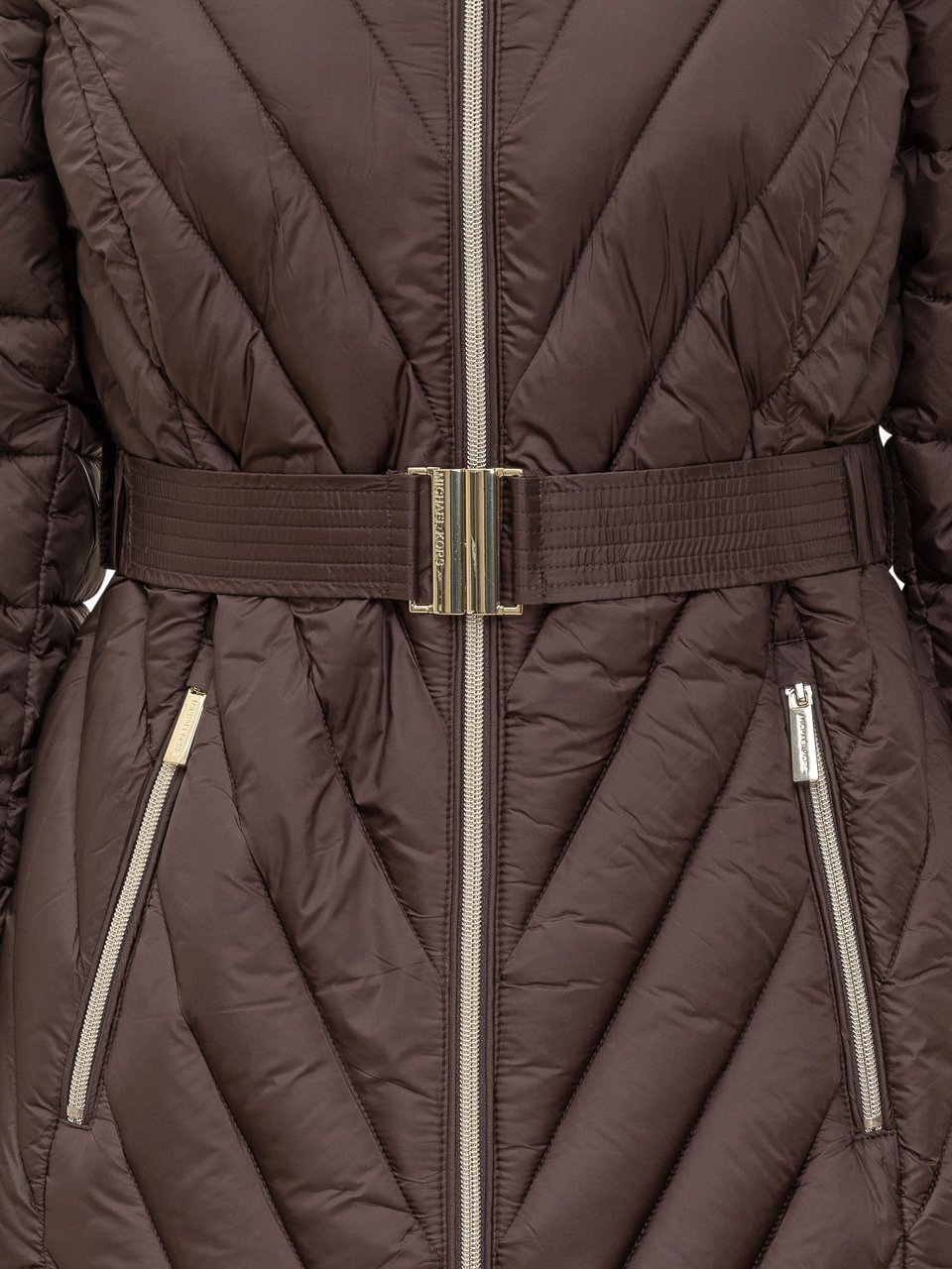 Michael Kors Michael Kors Piumino Marrone con Cintura e Collo in Pelliccia Bruin