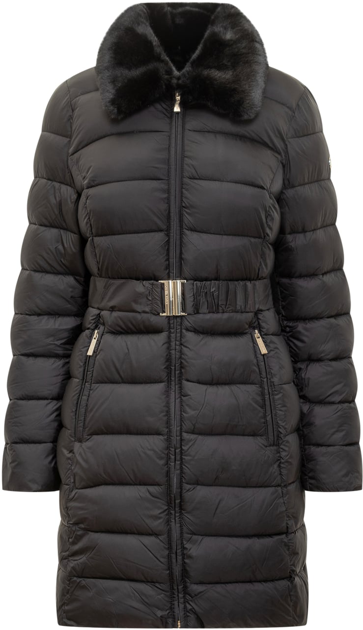 Michael Kors Michael Kors Piumino Lungo Nero con Cintura e Collo in Pelliccia Zwart