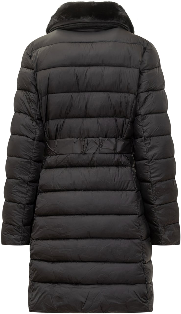 Michael Kors Michael Kors Piumino Lungo Nero con Cintura e Collo in Pelliccia Zwart