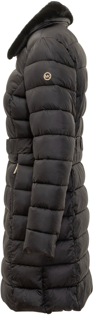 Michael Kors Michael Kors Piumino Lungo Nero con Cintura e Collo in Pelliccia Zwart