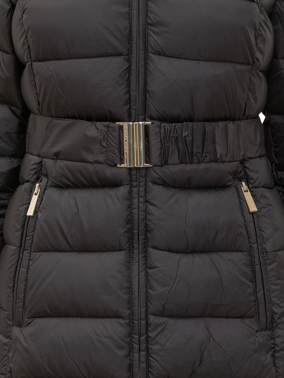 Michael Kors Michael Kors Piumino Lungo Nero con Cintura e Collo in Pelliccia Zwart
