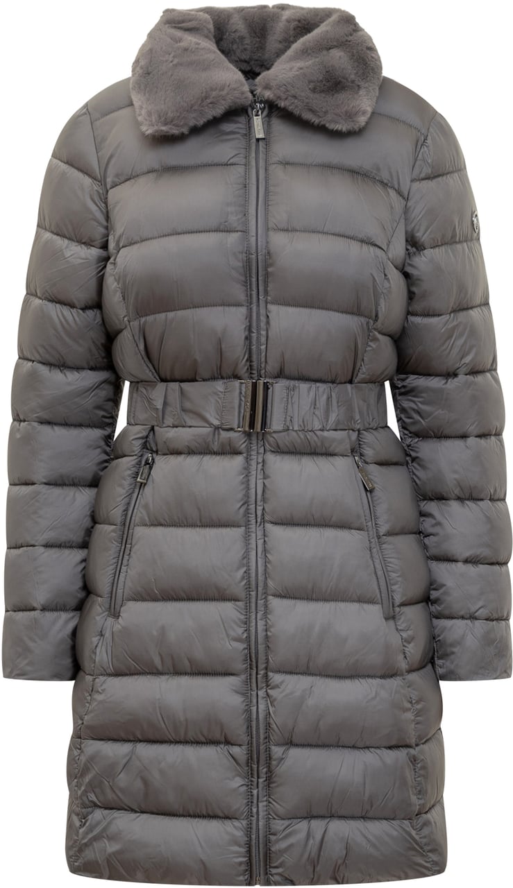 Michael Kors Michael Kors Piumino Lungo Grigio con Cintura e Collo in Pelliccia Grijs
