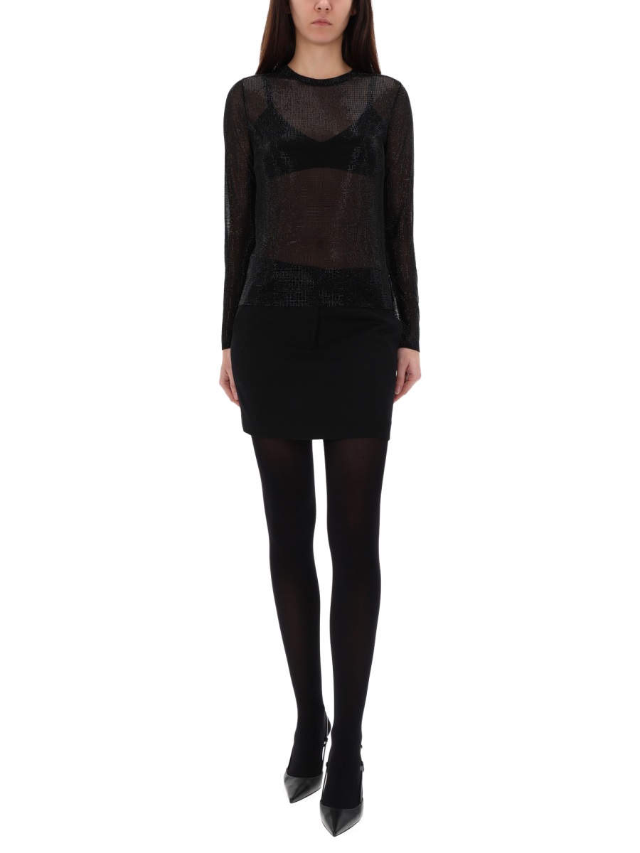 Michael Kors Mesh Rhinestone Embellished Fitted Top Zwart