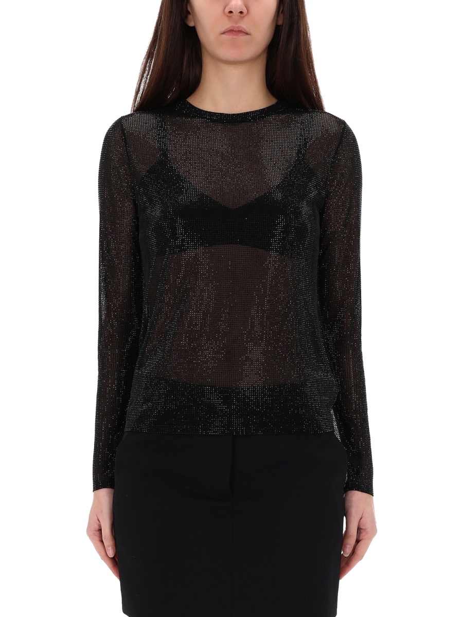 Michael Kors Mesh Rhinestone Embellished Fitted Top Zwart