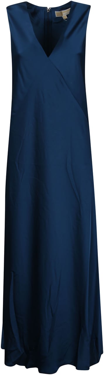 Michael Kors Satin V Neck Midi Dress Blue Blauw