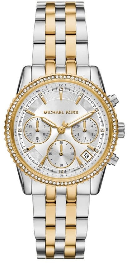 Michael Kors Horloge MK7532 Bi Color Staal Quartz met Witte Wijzerplaat 35mm Zilver
