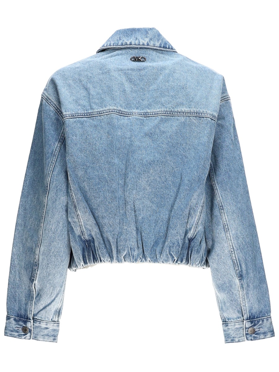 Michael Kors Light Blue Cropped Elasticized Denim Bomber Jacket Blauw