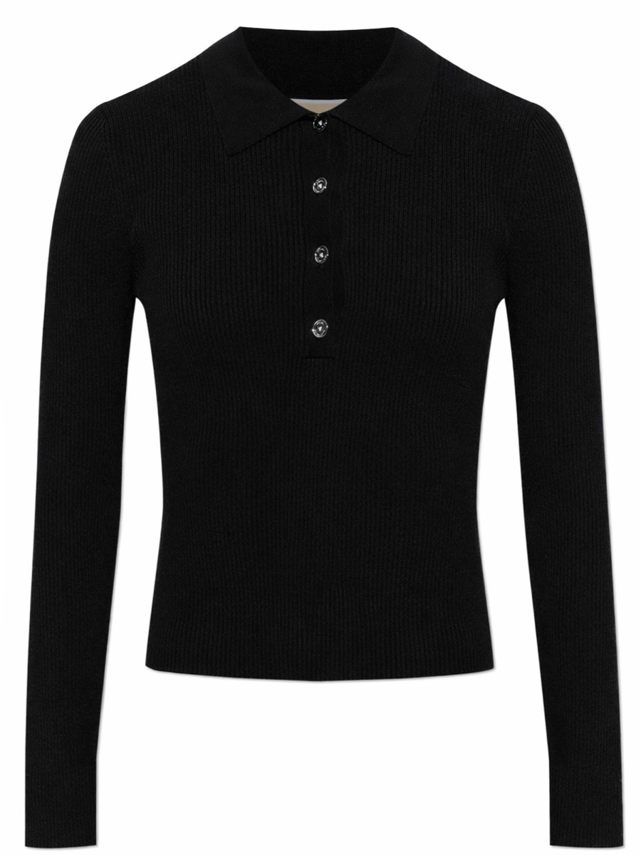 Michael Kors Neutrals Cropped Ribbed Viscose-Blend Polo Shirt Zwart