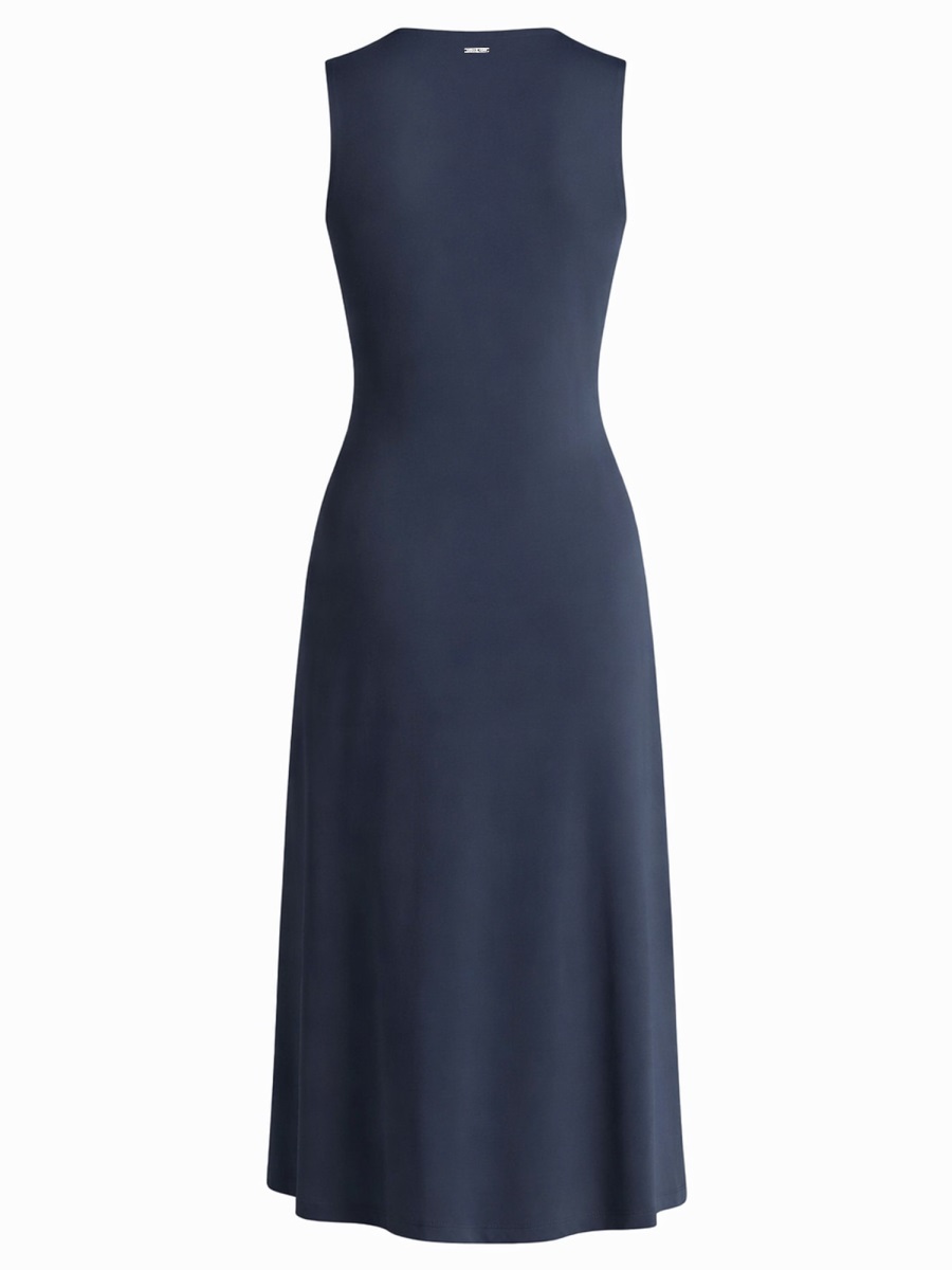 Michael Kors Ruched Recycled Polyester V-Neck Midi Dress Zwart