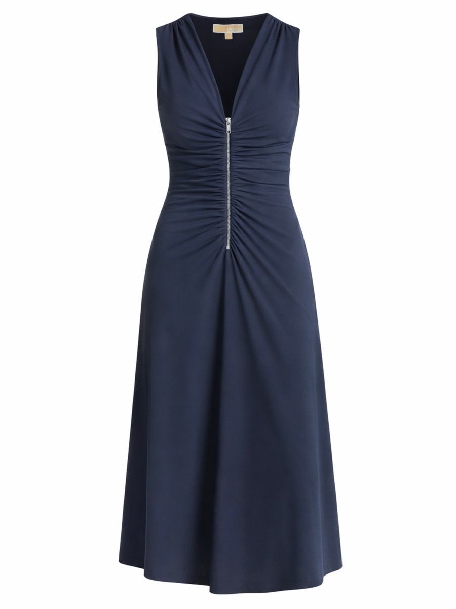 Michael Kors Ruched Recycled Polyester V-Neck Midi Dress Zwart