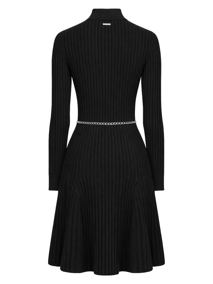 Michael Kors Neutrals Ribbed Polo Collar Chain Belt Mini Dress Zwart