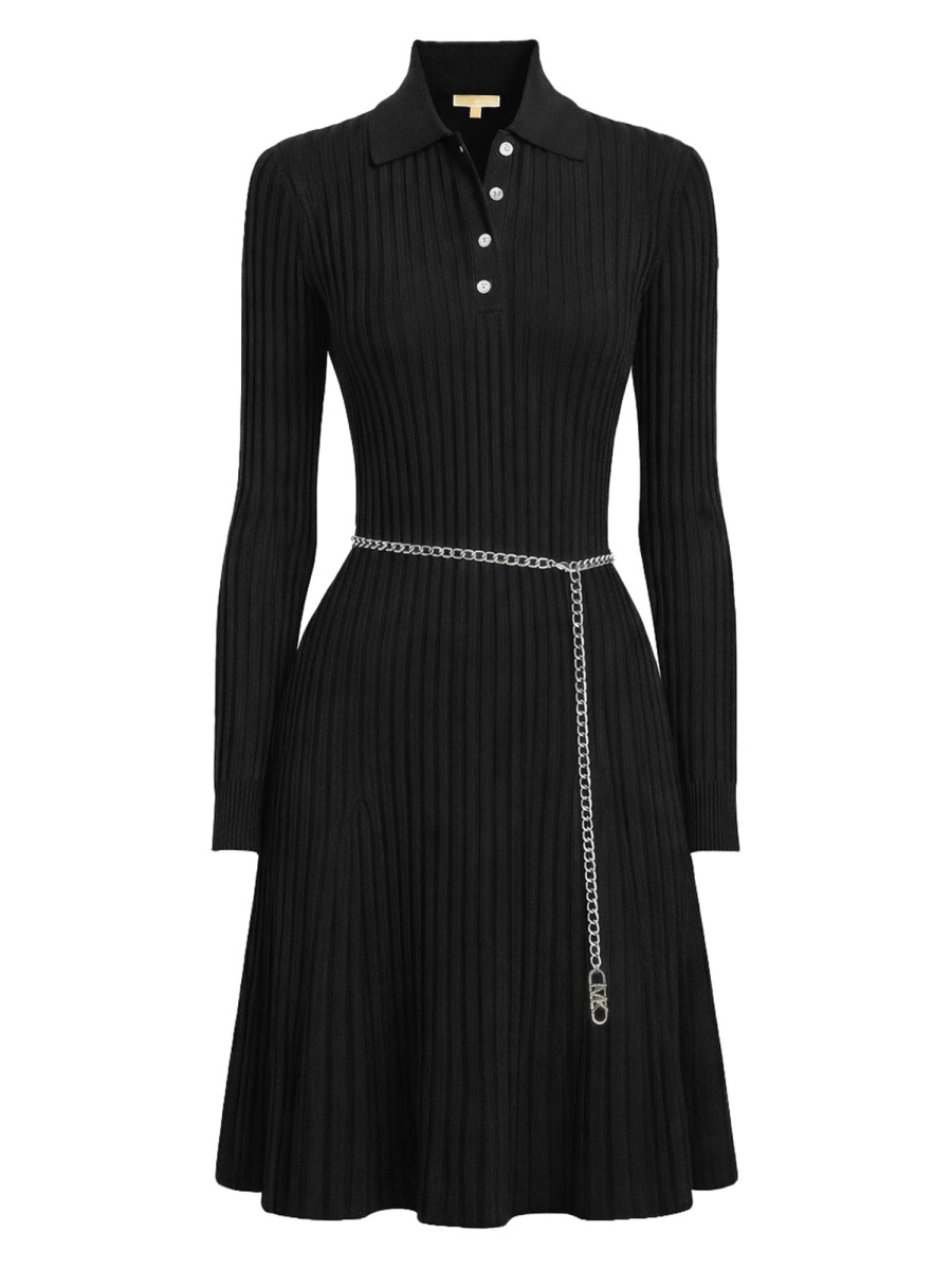Michael Kors Neutrals Ribbed Polo Collar Chain Belt Mini Dress Zwart