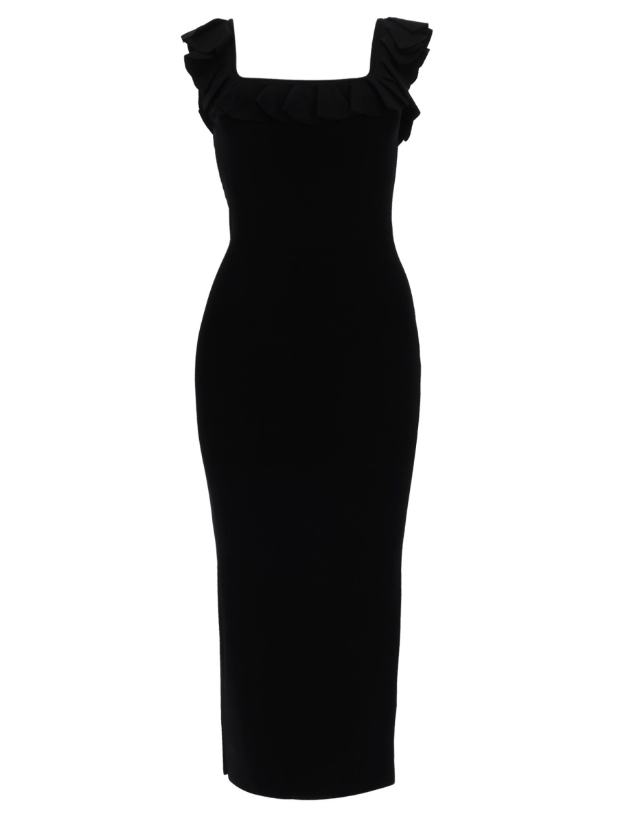 Michael Kors Fitted Midi Dress with Ruffled Detailing and Back Slit Zwart