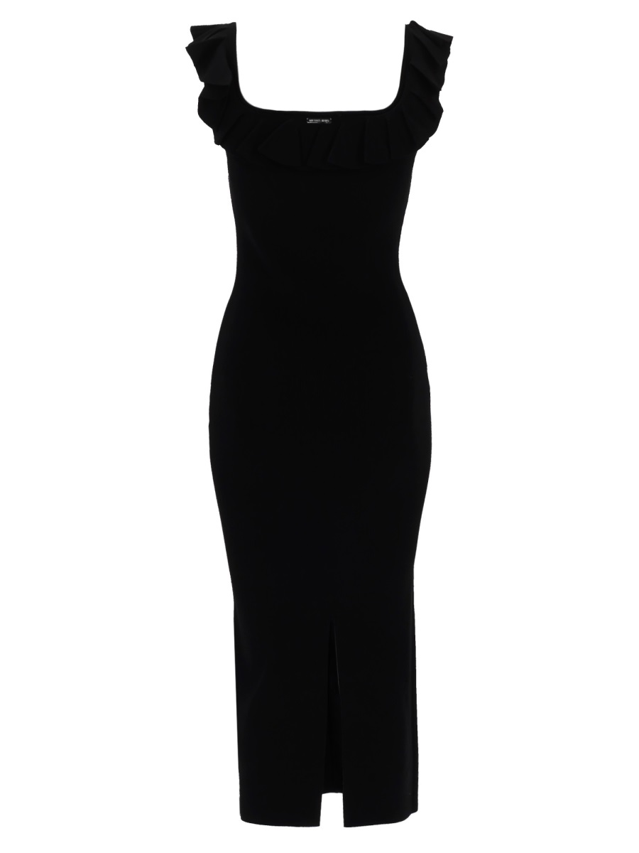 Michael Kors Fitted Midi Dress with Ruffled Detailing and Back Slit Zwart