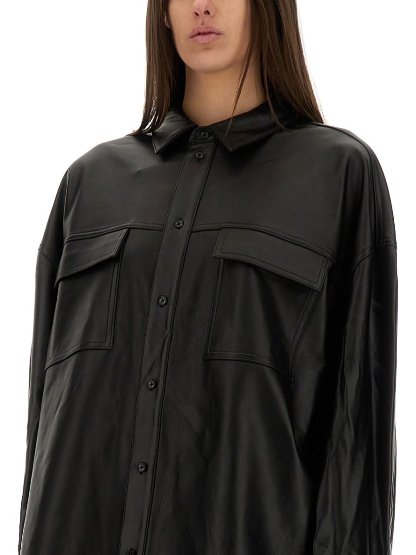 Michael Kors Button-Up Oversized Black Lamb Leather Jacket Zwart
