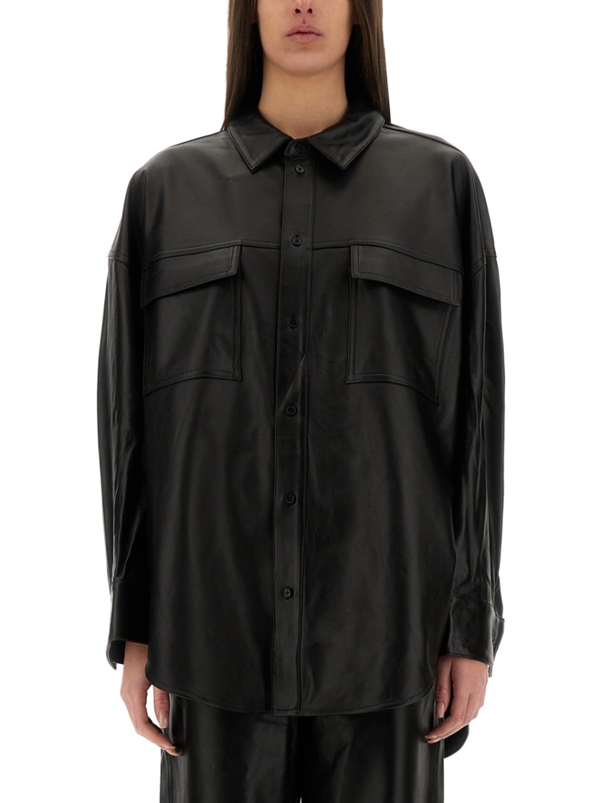 Michael Kors Button-Up Oversized Black Lamb Leather Jacket Zwart