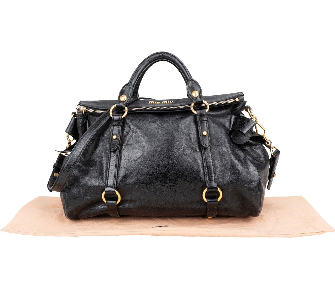 Miu Miu Miu Miu Vitello Lux Leather Satchel City Handbag Zwart