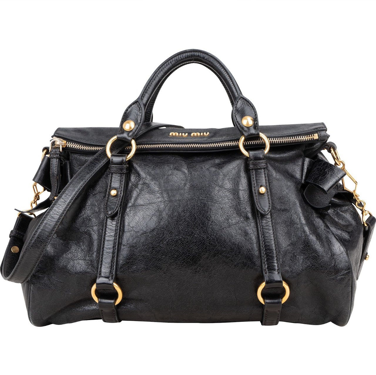 Miu Miu Miu Miu Vitello Lux Leather Satchel City Handbag Zwart