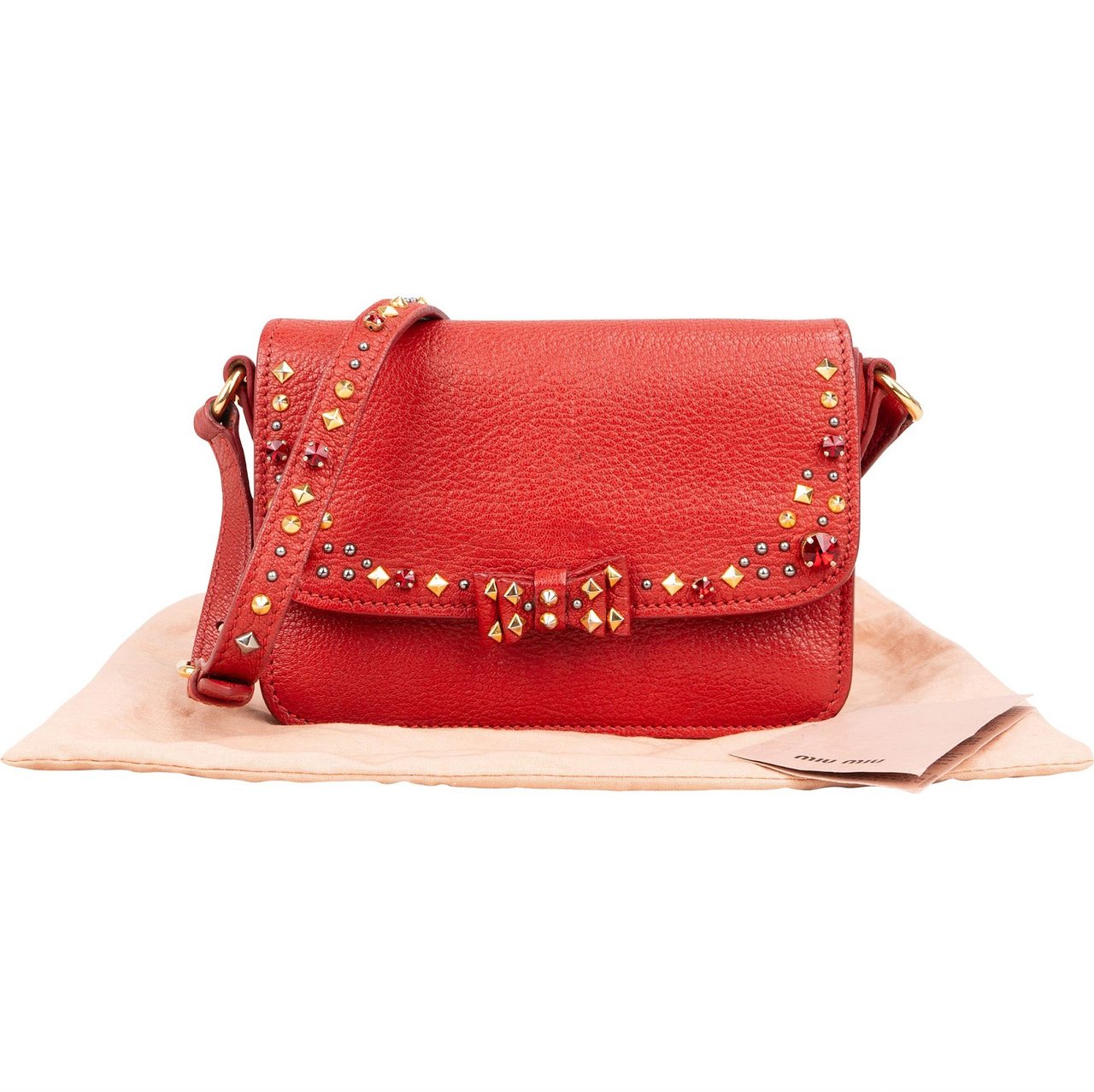 Miu Miu Miu Miu Red Studded Leather Bow Crossbody Bag Rood