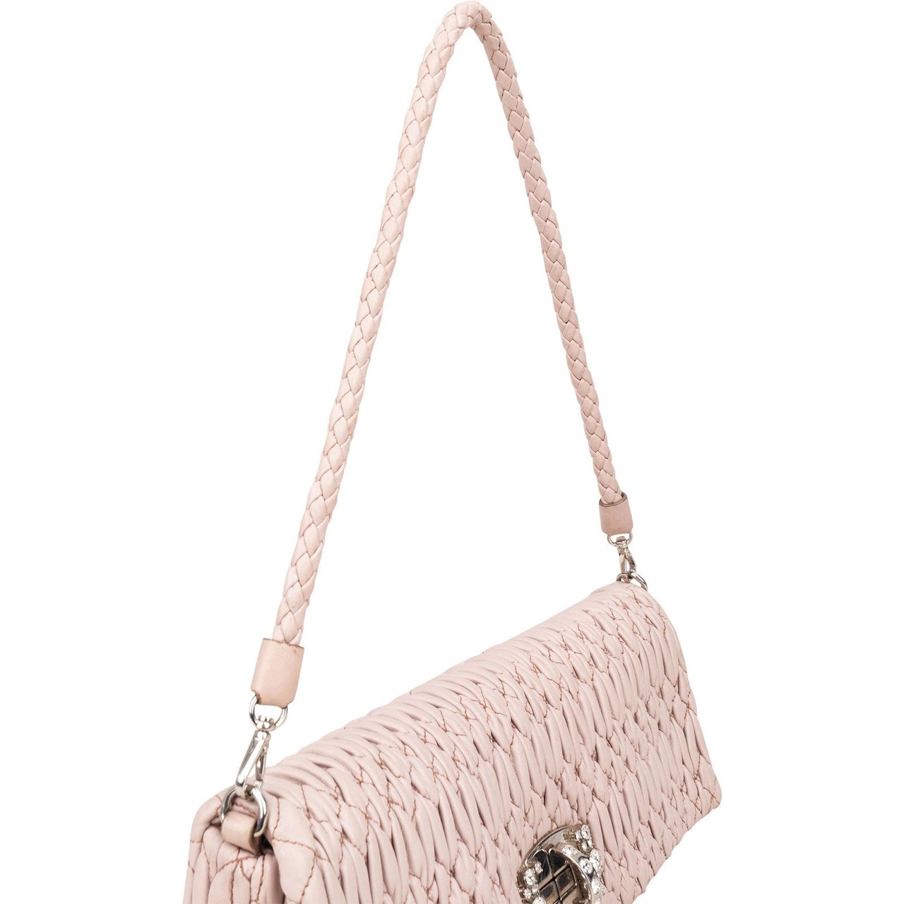 Miu Miu Matelassé Nappa Leather Crystal Flap Shoulder Bag Roze